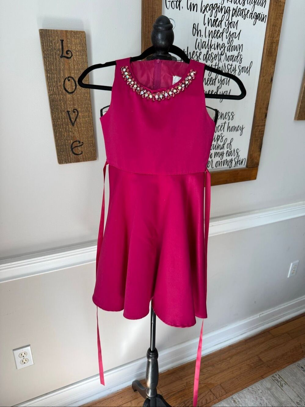 Rare Editions Big Girls Satin Rhinestone Jewel Neck Hi-Low Dress Magenta Size 8